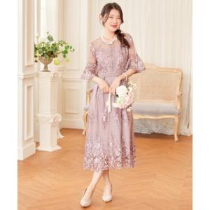 ドレスプラス DRESS+ ワンピース ドレス 総レース ミモレ丈 結婚式 （スモークピンク）｜locondo-shopping