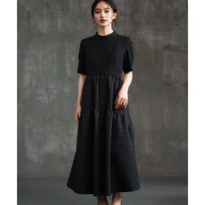 ドレスプラス DRESS+ 2素材ドッキングワンピース 半袖 ロング丈 （ブラック）