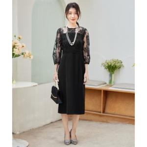 ドレスプラス DRESS+ パーティードレス レディース ドレス ワンピース 結婚式 レース 花柄 七分袖 （ブラック）