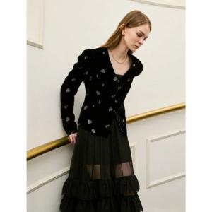 エイミーイストワール EIMY ISTOIRE フラワーモチーフベルベットパフショルダージャケット （BLACK）