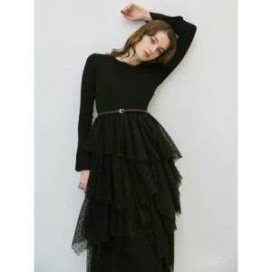 エイミーイストワール EIMY ISTOIRE ドットチュールドッキングニットワンピース（BLACK)