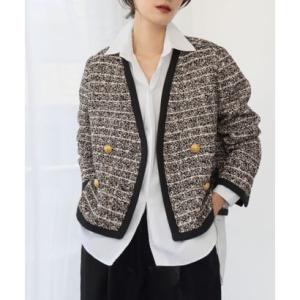 ELFRANK ジャケット ノーカラージャケット ツイードVネックショート丈