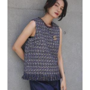 エルフランク ELFRANK ミックスツイード フリンジ ノースリーブ ベスト（ブルー）