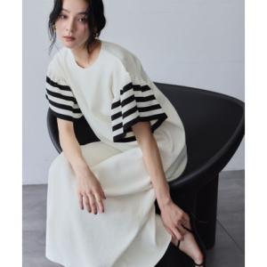 エルフランク ELFRANK ボーダー フリルスリーブ ニット ロング ワンピース（ホワイト）