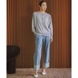 エルフランク ELFRANK ワンポイント ハート刺繍 バイカラー ニットカーディガン オフィス レディース 薄手 長袖 （グレー）