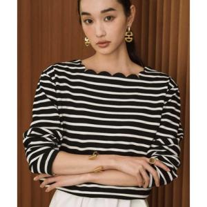 エルフランク ELFRANK スカラップネックデザイン ボーダーカットソー 長袖 きれいめ レディース 【洗える】 （ブラックアイボリー）