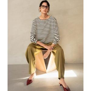 エルフランク ELFRANK スカラップネックデザイン ボーダーカットソー 長袖 きれいめ レディース 【洗える】 （アイボリーブラック）