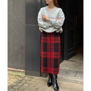 エルフランク ELFRANK 【S?Lサイズ展開】チェック ニット ナロースカート ニットスカート ロング丈 秋 冬 タイト （レッドミックス（SHO