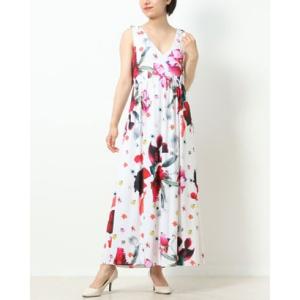 エリータハリ ELIE TAHARI ☆フラワー柄ジャージ素材Vネックマキシワンピース （ホワイトマルチ）