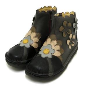 エスタシオン Estacion Estacion?エスタシオン?・フラワーモチーフ本革ショートブーツ【tge479】 （ブラックマルチ【BLMT】）