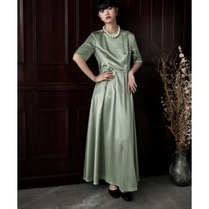 エトル etoll. サテンウエストタックドレス （カーキ）