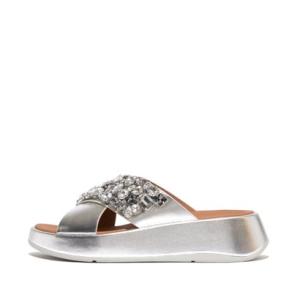 フィットフロップ fitflop F-MODE JEWEL-DELUXE LEATHER FLATFORM CROSS SLIDES （Silver）｜locondo-shopping