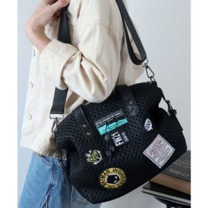 フロージュ florge 【2size展開/M・L】2WAY ラッセルメッシュカスタムワッペンボストンバッグ/ショルダーバッグ/トラベルバッグ （ブラ