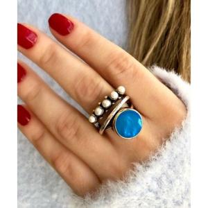 フロージュ florge 【メンズ・レディース兼用】アンティーク調パールorビジューデザインオープンリング （シルバー/ブルービジュー）