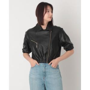 ガウディ GAUDI フェイクレザー5分袖ライダースブルゾン （BLACK）