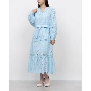 グレース エフ Grace F ＊フェミニンデザイン透かし柄ミディワンピース 2色展開 （BLUE）