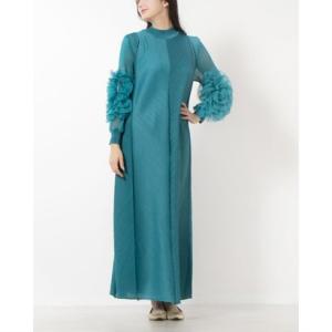 グレース エフ Grace F ＊アコーディオンプリーツドレス シースルースリーブ フリル パーティ （BLUE）