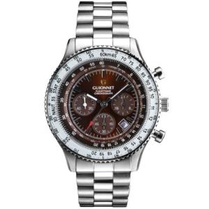 ギオネ GUIONNET 腕時計 FlightTimer パイロット クロノグラフ 100m防水 メンズ （ブラウンxシルバー）