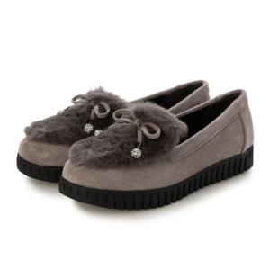 ヒロココシノファム HIROKO KOSHINO FEMME フェイクファーとラインストーンボールが大人可愛いモカシン HRL2033 （グレー）