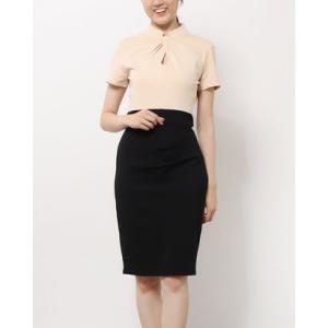 ホムイー HOMEYEE ツィスト＆キーホールでちらっと肌見せ♪ハイネック半袖カラーブロックドッキングワンピース （ベージュ）