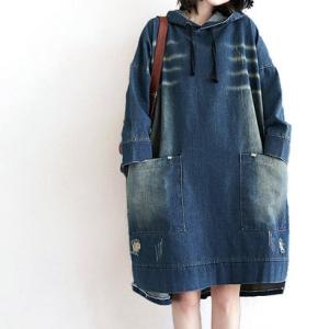 アイカ ica ヴィンテージ＆ダメージ加工 フード付き ゆったりIライン 膝丈 デニムワンピース （BL）