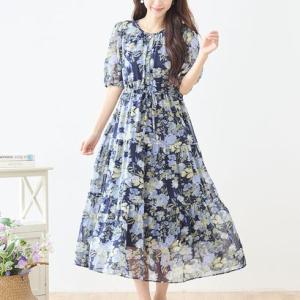 アイカ ica シフォン ワンピース サマー ドレス シアー シースルー ティアード Aライン フレア ロング 花柄 プリント リボン 五分袖 フェミ