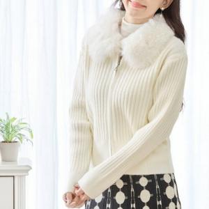 アイカ ica ニット ジャケット ブルゾン レディース カーディガン カーデ フェイクファー リブニット ジップアップ 伸縮性 かわいい フェミニン