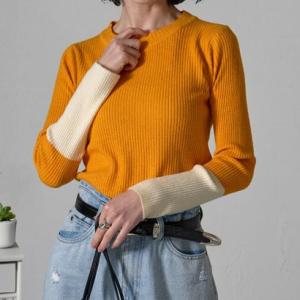 アイカ ica リブニット トップス ニットセーター レディース ニットソー バイカラー ロングスリーブ クルーネック 長袖 伸縮性 インナー タイト