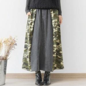 アイカ ica デニム スカート レディース フレア Aライン ウエストゴム ロング ロング丈 マキシ丈 マキシ 迷彩柄 アーミー柄 切り替え ゆった