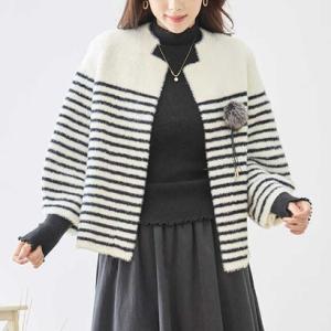 アイカ ica シャギー ニット ジャケット レディース カーディガン カーデ ブルゾン ボーダー柄 七分袖 ショート丈 ノーカラー 羽織り アウター