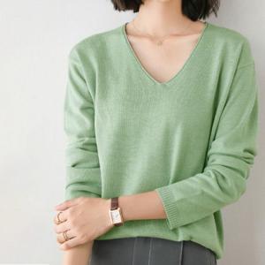 アイカ ica 柔らか カシミアタッチ 薄手 ニット Vネック 長袖 ニットセーター ニットソー ニットトップス 無地 レディース （GN）