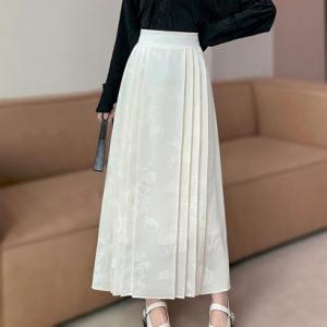 アイカ ica チャイナ風 エスニック柄 ジャガード 刺繍 ハイウエスト ロング丈 ボックスプリーツ Aラインスカート プリーツスカート ロングスカー