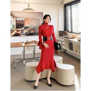 ジェイピー イザベル JP Isabelle ＊おしゃれデザイン フレアシルエットがメリハリあるシルエット 太ベルト付き(取り外し可) （RED）