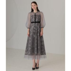 レジャ Leja チュールパイピングリーフベルトAラインドレスワンピース美脚効果結婚式 パーティードレス 成人式 20代 30代 40代 （GRAY）