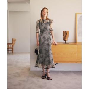 レジャ Leja 半袖花柄刺繍レースフロントバックリボンパフスリーブマーメイドフレアロングワンピース...