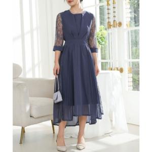 レースレディース Lace Ladies レース ドッキング サイド プリーツ ワンピース （ブルー...