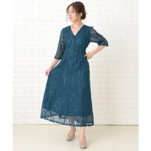 レースレディース Lace Ladies 襟元スッキリ 総レース七分袖ロング丈ワンピース・ドレス （...