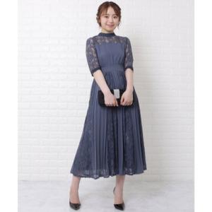 レースレディース Lace Ladies ハイネック五分袖レース切替ワンピースドレス （ブルーグレー...