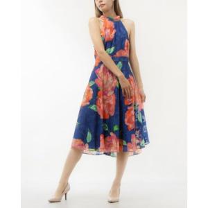 ランドリーバイシェリーシーガル Laundry by Shelli Segal ★華やかな大ぶり花柄♪ ホルターフィット＆フレアーワンピース （ブルー