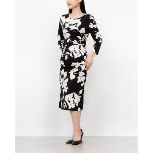 ロンドンタイムス LONDON TIMES ☆ジャージ素材七分袖タイトワンピース （ブラックxアイボリー）