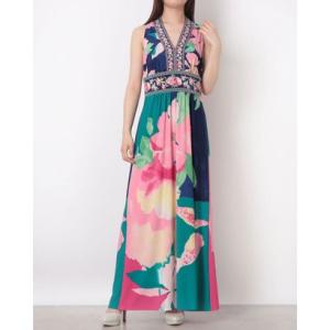 ロンドンタイムス LONDON TIMES ☆フラワー柄ジャージ素材Vネックノースリーブマキシワンピース （ネイビーxピンクマルチ）