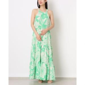 ロンドンタイムス LONDON TIMES ☆フラワー柄サラサラ素材ホルターネックマキシワンピース （ホワイトxグリーン）