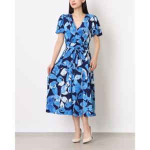 ロンドンタイムス LONDON TIMES ☆フラワー柄パフスリーブカシュクールトップxフレアスカートワンピース （ネイビーxブルー）
