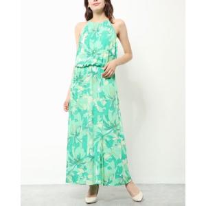 ロンドンタイムス LONDON TIMES 　鮮やかグリーンのフローラル♪ホルターネックマキシワンピース （グリーン）