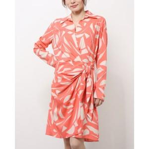 ロンドンタイムス LONDON TIMES 【訳あり新品】 襟付き♪綺麗色プリントが映える♪長袖ラップ風シャツワンピース （オレンジ_B）