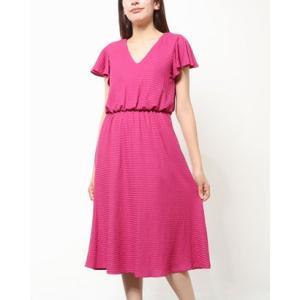 ロンドンタイムス LONDON TIMES さらさら素材♪楽ちん＆華やか♪Vネックフリル半袖フィット＆フレアーワンピース （ピンク）