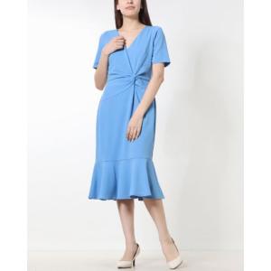 ロンドンタイムス LONDON TIMES フェミニンなマーメイドシルエット♪Vネック半袖無地ワンピース （ブルー）