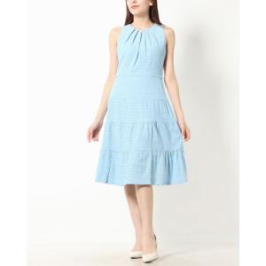 ロンドンタイムス LONDON TIMES ☆アイレットレース風ストレッチ素材ティアードフレアスカートワンピース （ライトブルー）