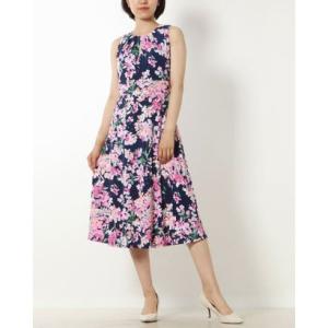 ロンドンタイムス LONDON TIMES ☆フラワー柄ジャージ素材 胸元キーホール ノースリーブフレアスカートワンピース （ネイビーxピンクマルチ）