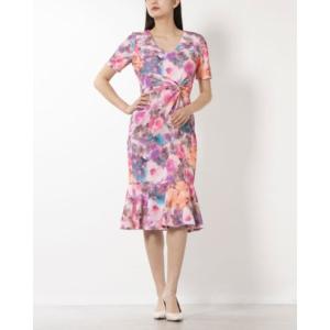 ロンドンタイムス LONDON TIMES ☆フラワー柄Vネックマーメイドワンピース （ピンクマルチ）